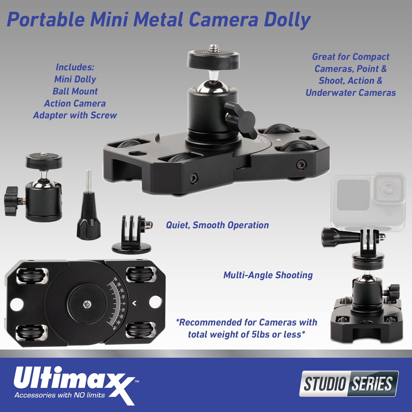 Ultimaxx Portable Mini Metal Dolly w/ Swivel Ball, Action Camera Adapter & Screw