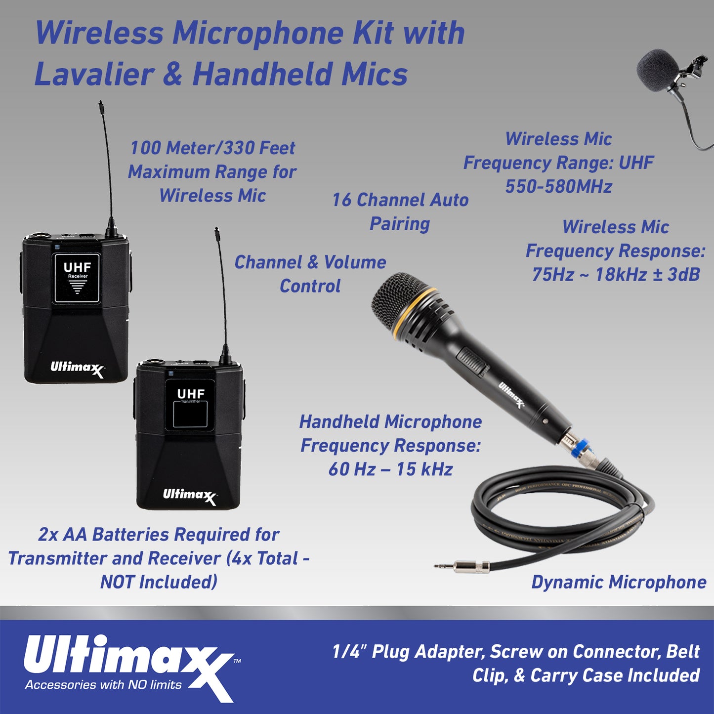Ultimaxx Wireless Mic Kit mit Lavalier-Mikrofon, Kabeln, Tragetasche und Handmikrofon