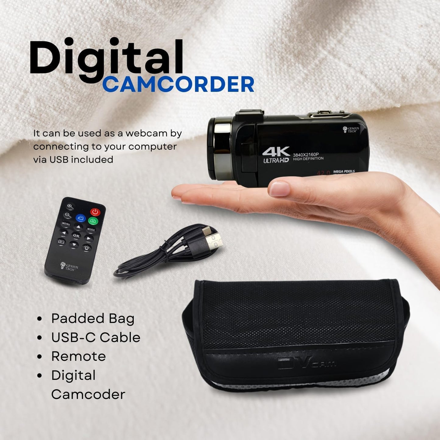 GeniusTech Digitale 42MP-Videokamera mit 64 GB SD-Karte, Fernbedienung, Tasche und Kabel-Kit