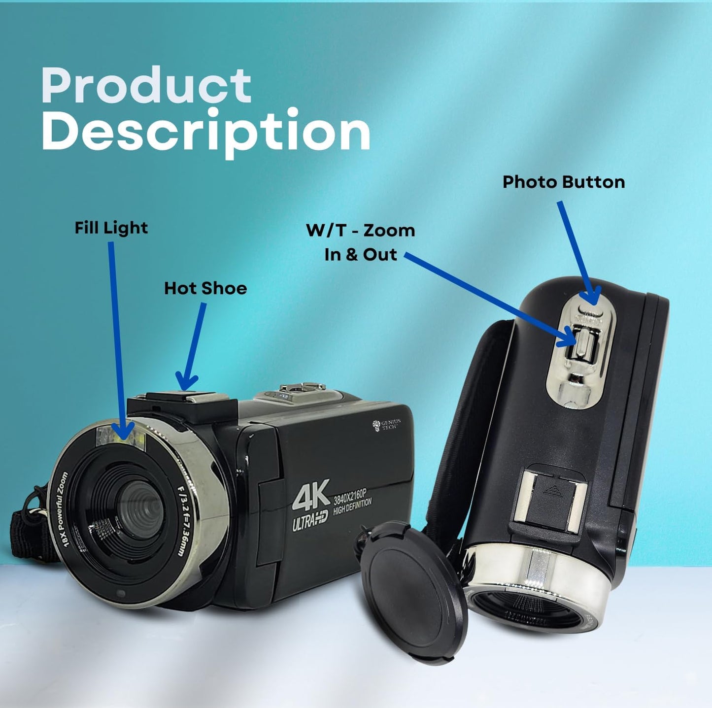 GeniusTech Digitale 42MP-Videokamera mit 64 GB SD-Karte, Fernbedienung, Tasche und Kabel-Kit