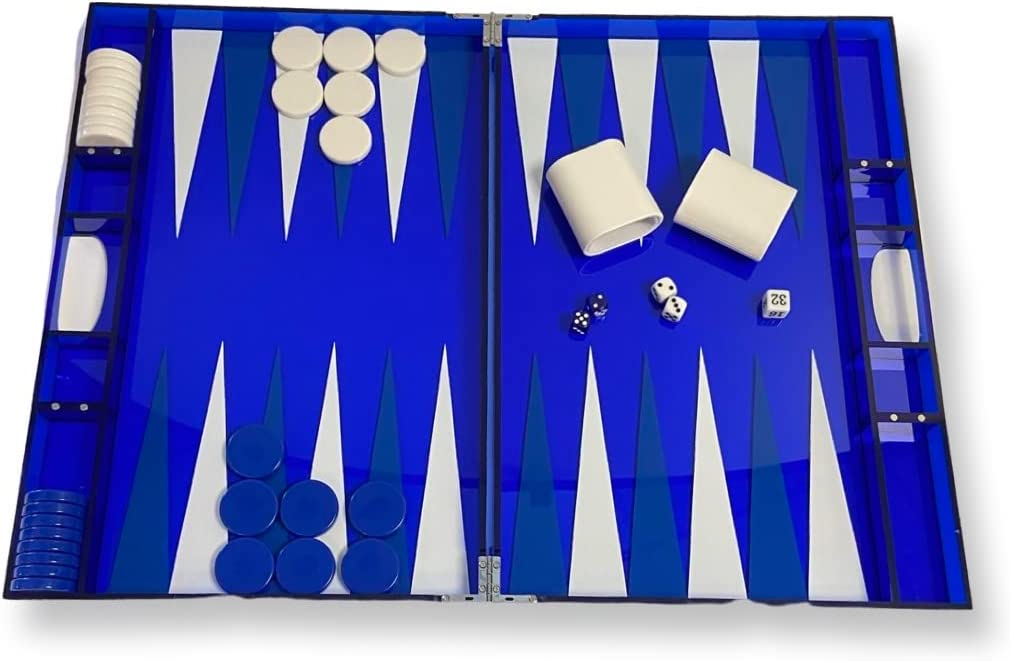 Lucite Acryl-Backgammon-Set, 18 Zoll, großes Premium-Brett und Spielsteine (klar-blau)