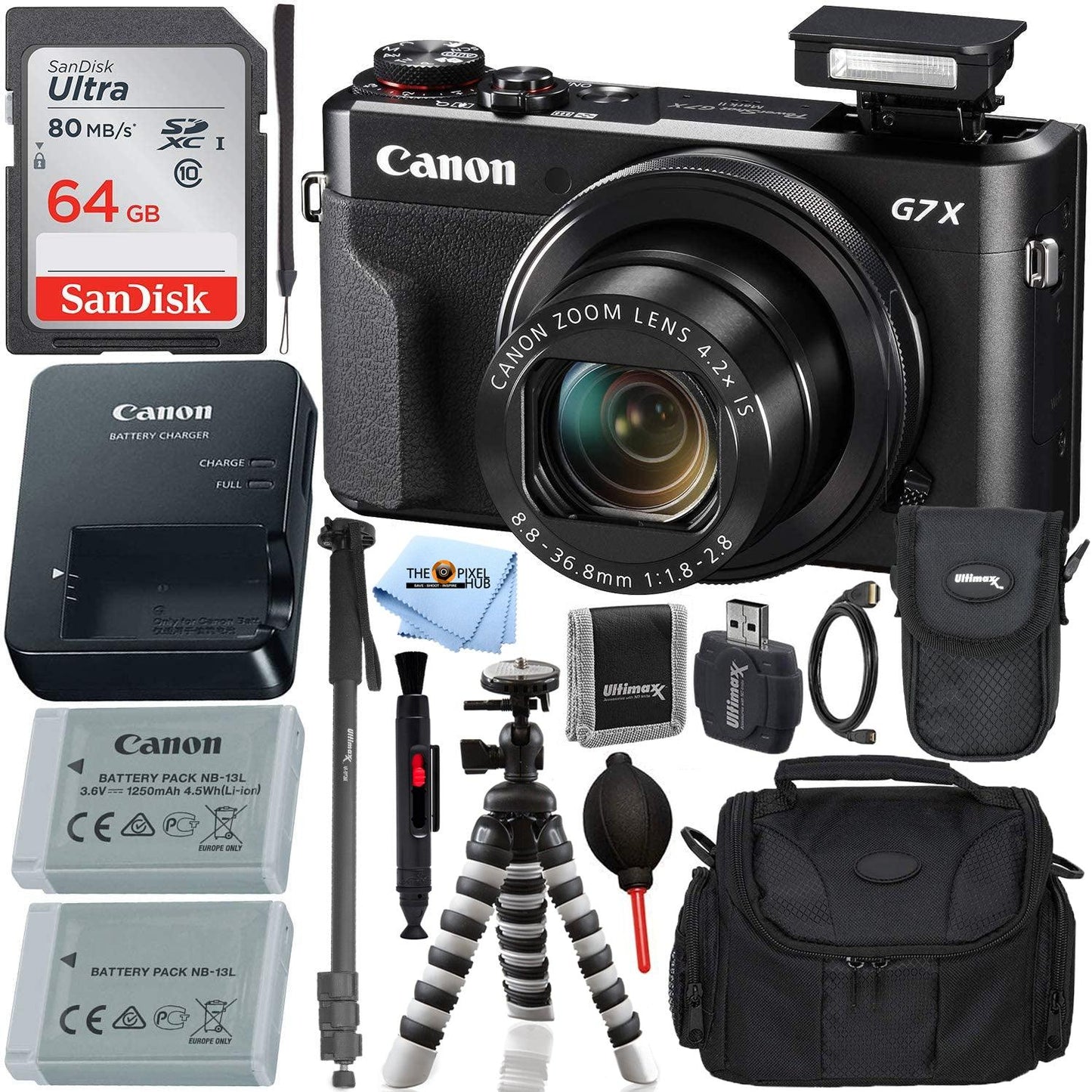 Canon PowerShot G7 X Mark II Digitalkamera (Schwarz) mit ultimativem Zubehörpaket – Enthält: Ultra 64 GB SDXC-Speicherkarte, zusätzlichen Akku, 72-Zoll-Einbeinstativ, 8-Zoll-Gripster, Tragetasche und mehr