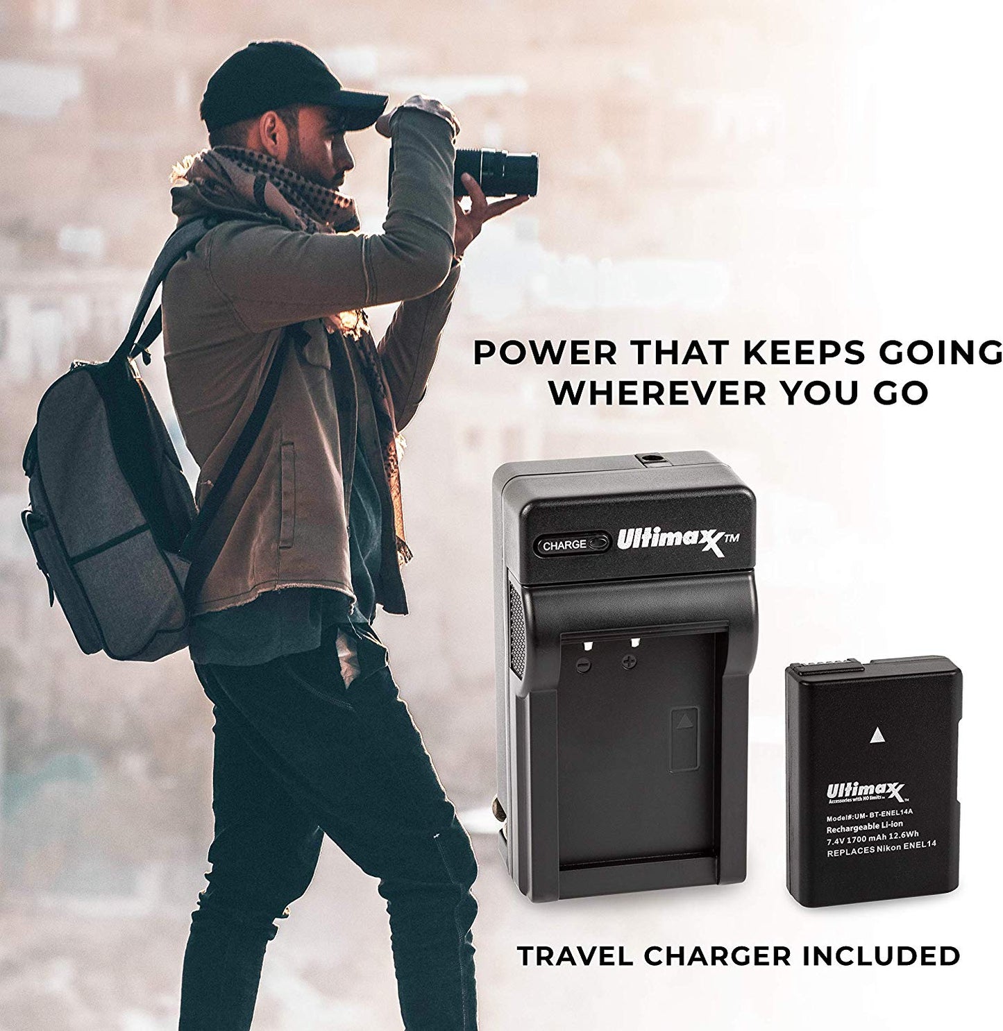 ULTIMAXX Travel Charger + Replacement Battery for Nikon ENEL14A - 1700 mah