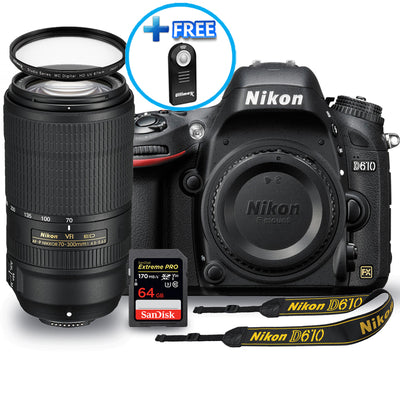 Nikon D610-Kamera mit 70–300 mm f/4,5–5,6E ED VR-Objektiv + Extreme Pro 64 GB-Paket