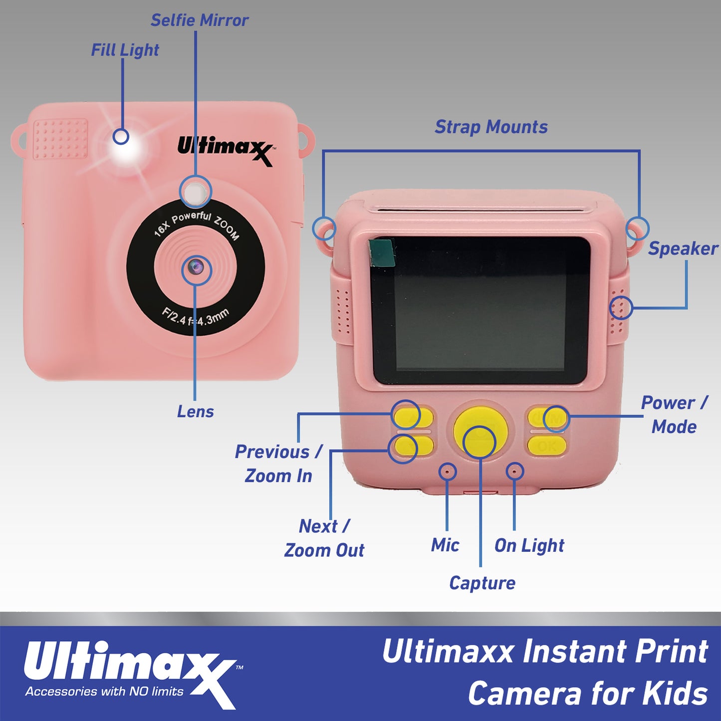 Ulitmaxx Kids Sofortbild-Digitalkamera (Pink) mit 64 GB Micro SD und 3 Rollen Papier