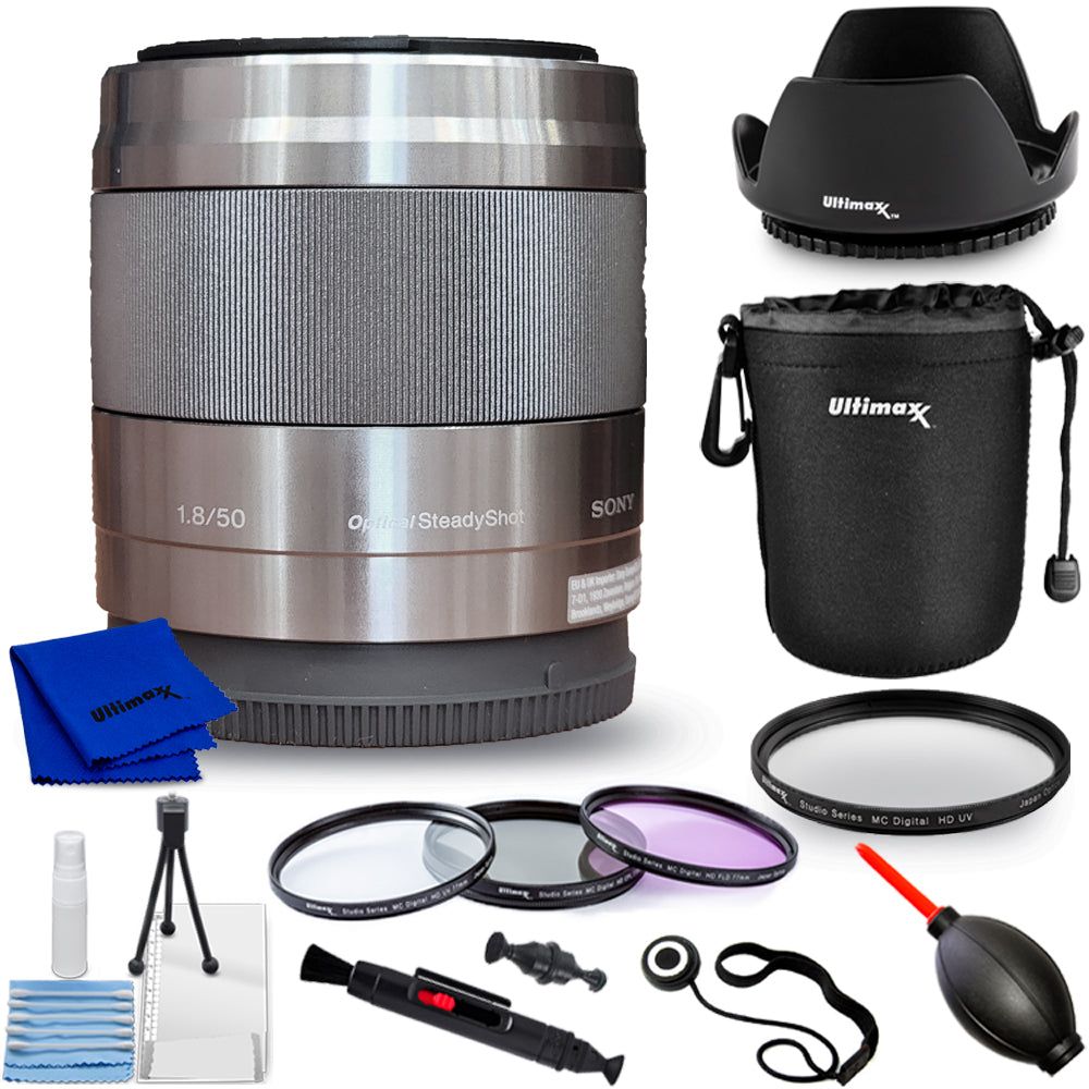 Sony E 50mm f/1.8 OSS Lens (Silver) SEL50F18 - 10PC Accessory Bundle