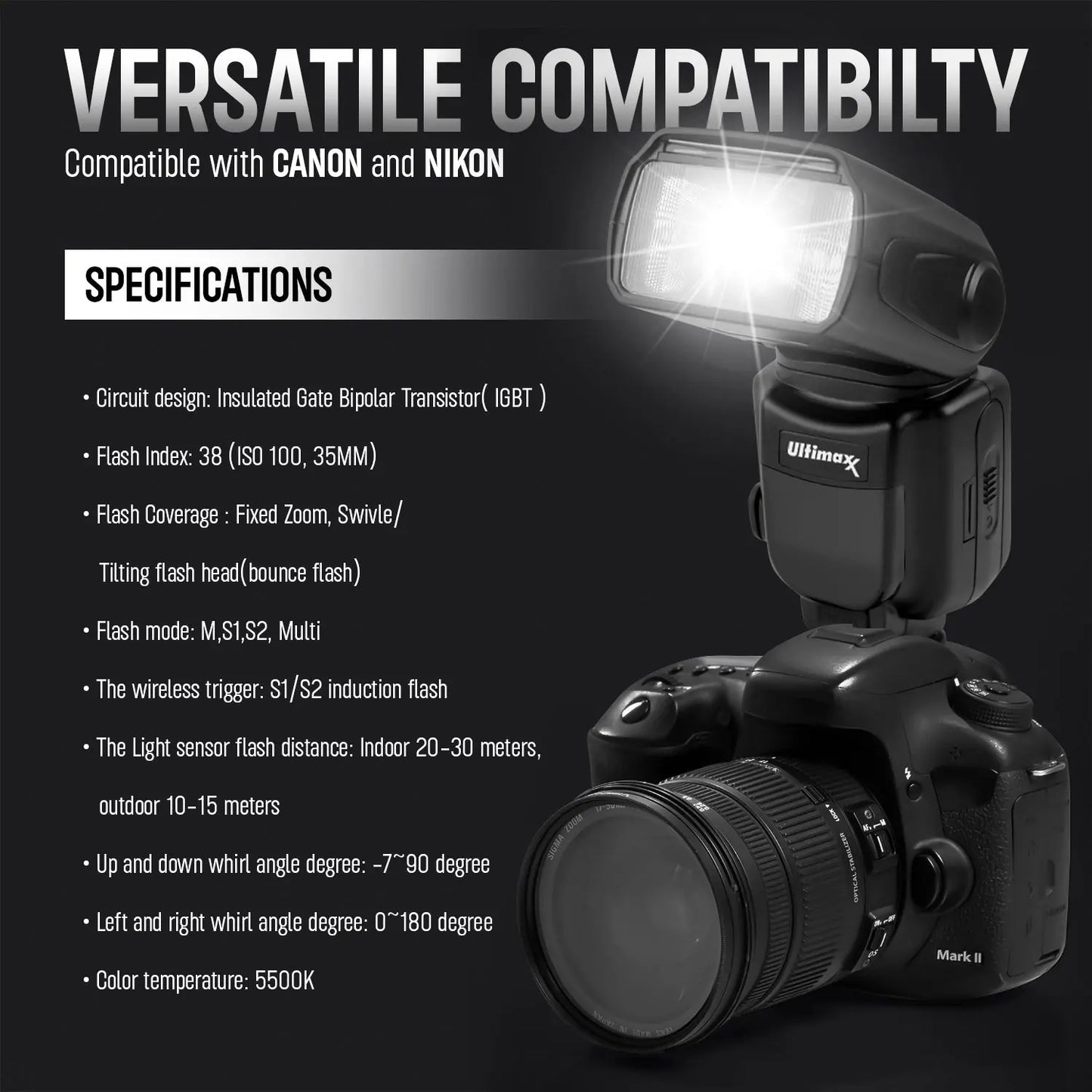 Universal Auto Flash w/ LCD Display by Ultimaxx, Slave Mode, Carry Pouch Ultimaxx