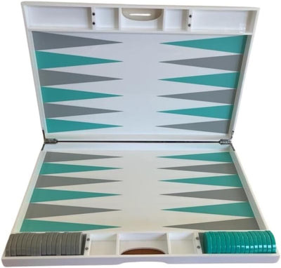 Lucite Acrylic Backgammon Set 18" Large Premium Board and Pieces (White/Aqua) Ready Covers