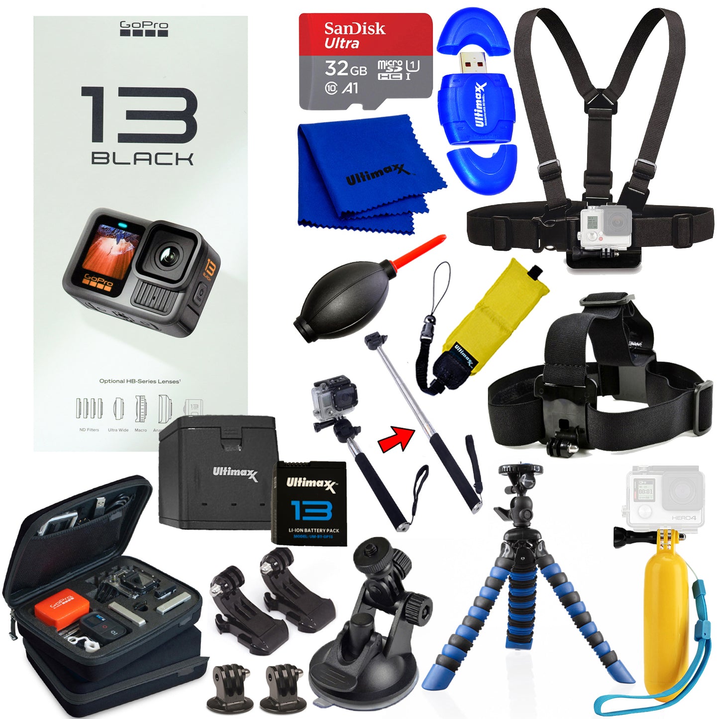 GoPro HERO 13 HERO13 Schwarze 27-MP-Actionkamera + EXT BATT 32 GB-Paket