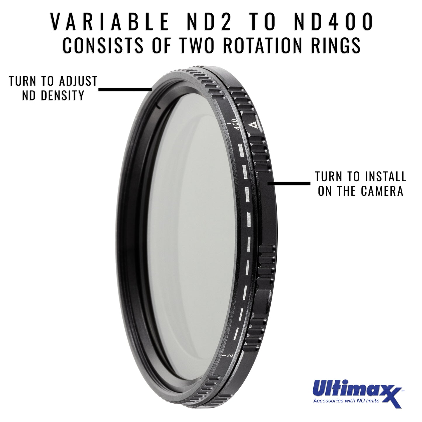 ULTIMAXX 62mm Variable Neutral Density Twisting Multi-Coated Filter ND2-ND400