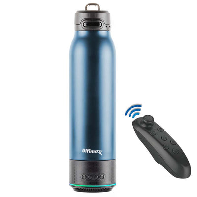 Vakuumisolierte Premium-Wasserflasche (Marineblau) mit wiederaufladbarem Bluetooth-Lautsprecher und Xtreme Mini-Bluetooth-Fernbedienung. Fernbedienung dient auch als Gaming-Joystick/Maus für Smartphone-Apps.