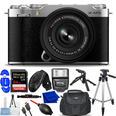 FUJIFILM X-M5 spiegellose Kamera mit XC 15-45-mm-Objektiv (Silber) – 12-teiliges Paket