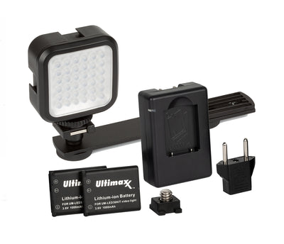 ULTIMAXX Professionelles Universal-LED-Videoleuchten-Set mit 2 Batterien und Halterung