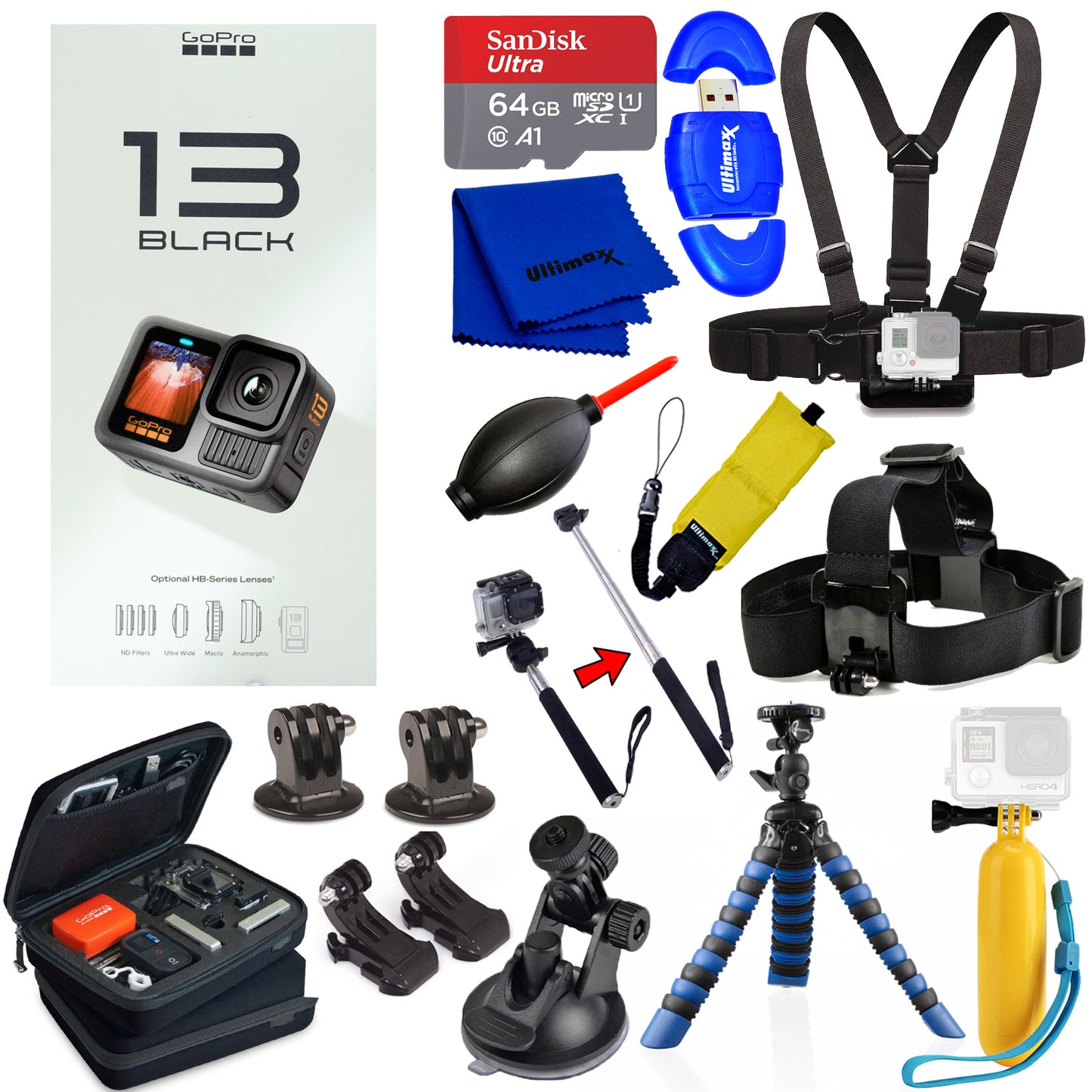 GoPro HERO 13 HERO13 Black 5.3K HDR 27MP Action Camera - 64GB Accessory Bundle