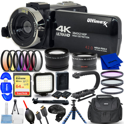 Ultimaxx 4K Ultra HD 42MP Camcorder Video Vlog Kamera mit LED-Licht 15PC Bundle