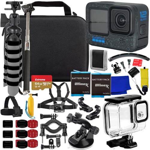 Ultimaxx Advanced GoPro Hero 12 Bundle – Enthält: 64 GB Extreme microSDXC-Speicherkarte, 2 Ersatzakkus, Unterwassergehäuse, mehrfach verstellbare Fahrrad-/Rohrhalterung und vieles mehr (30-teiliges Bundle)