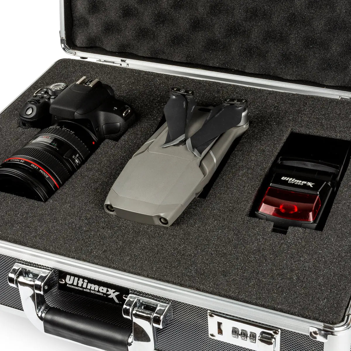 Medium Aluminum Camera Drone Case DIY Customizable Foam with Dual Combo Locks Ultimaxx