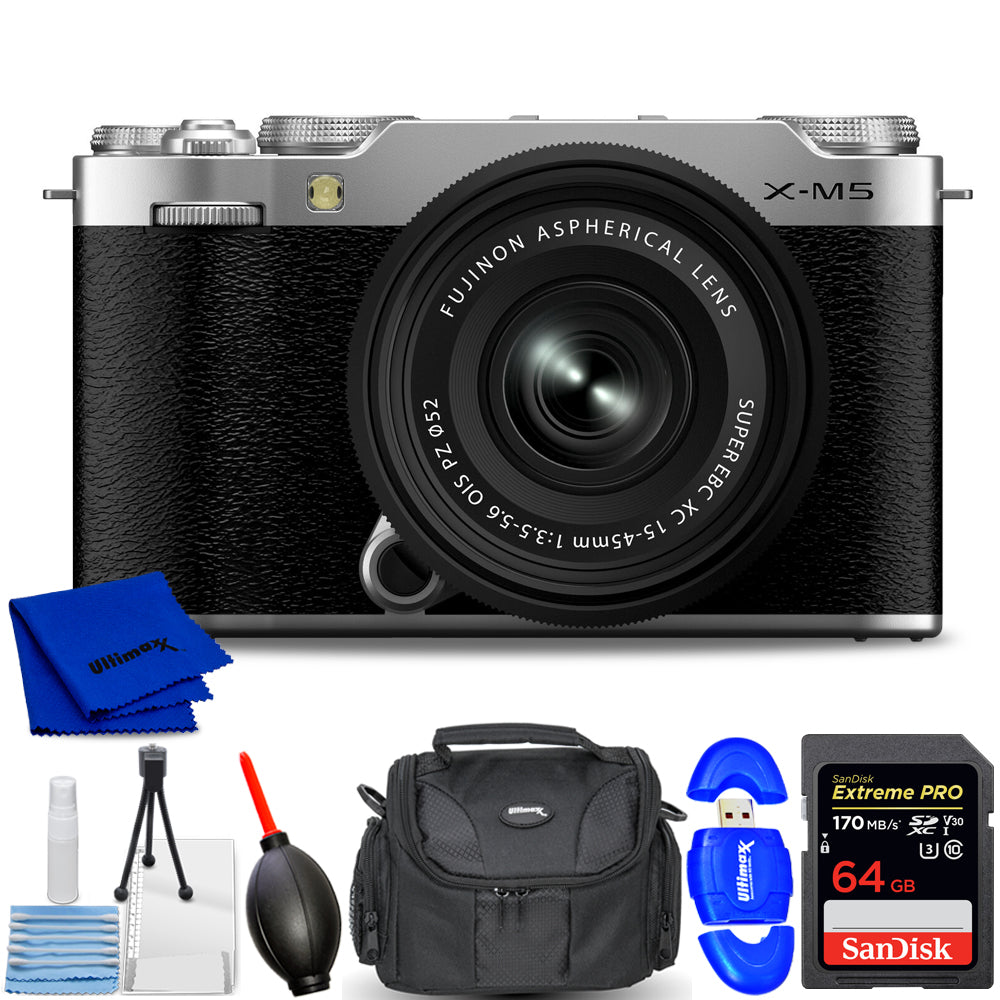 FUJIFILM X-M5 Mirrorless Camera with XC 15-45mm f/3.5-5.6 Lens (Silver) - Bundle