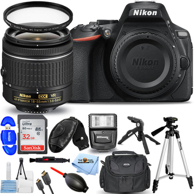 Nikon D5600 DSLR-Kamera mit 18-55 mm VR-Objektiv + 32 GB + Blitz + Stativ-Paket