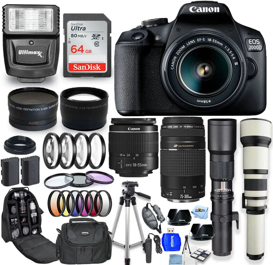Canon EOS 2000D / Rebel T7 18-55mm + 75-300mm + 500mm + 650-1300mm 64GB Bundle Canon