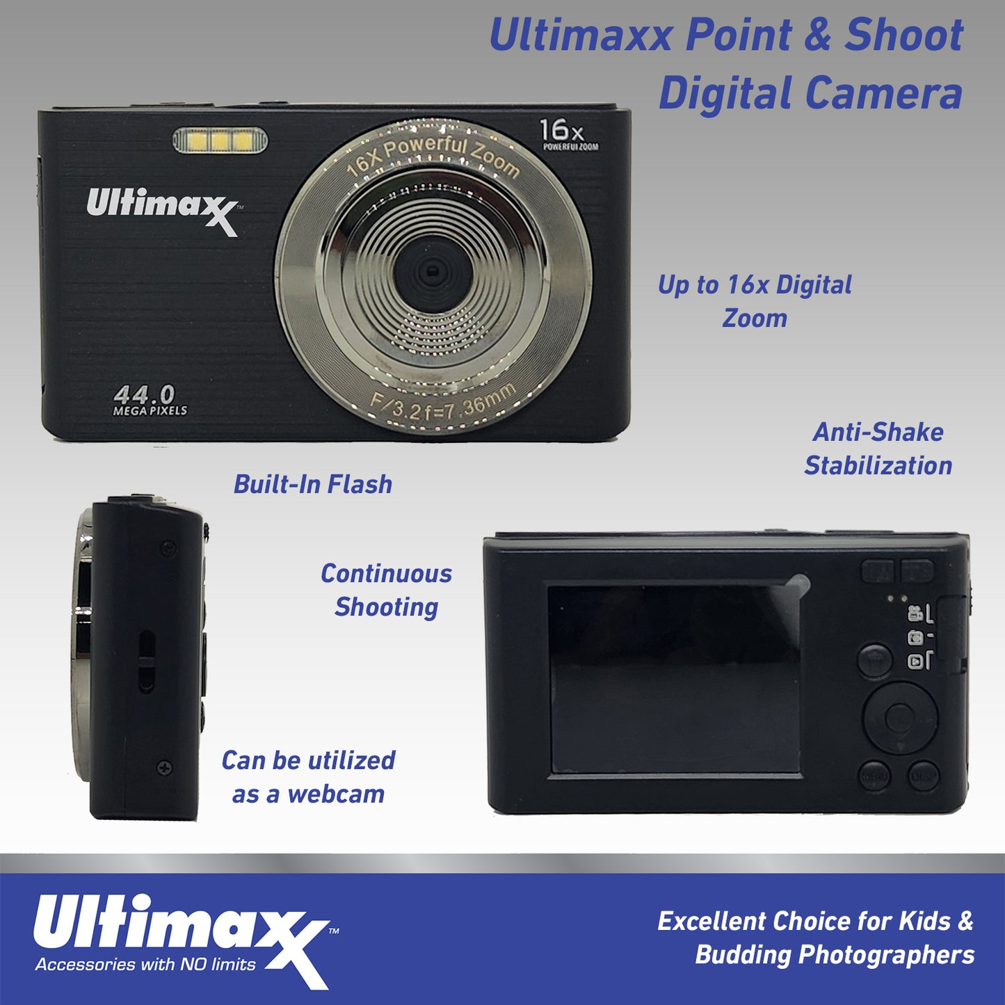 Ultimaxx 44MP Digitale Kompaktkamera mit 16-fachem Digitalzoom und 32 GB Karte – Perfektes Geschenk für Kinder