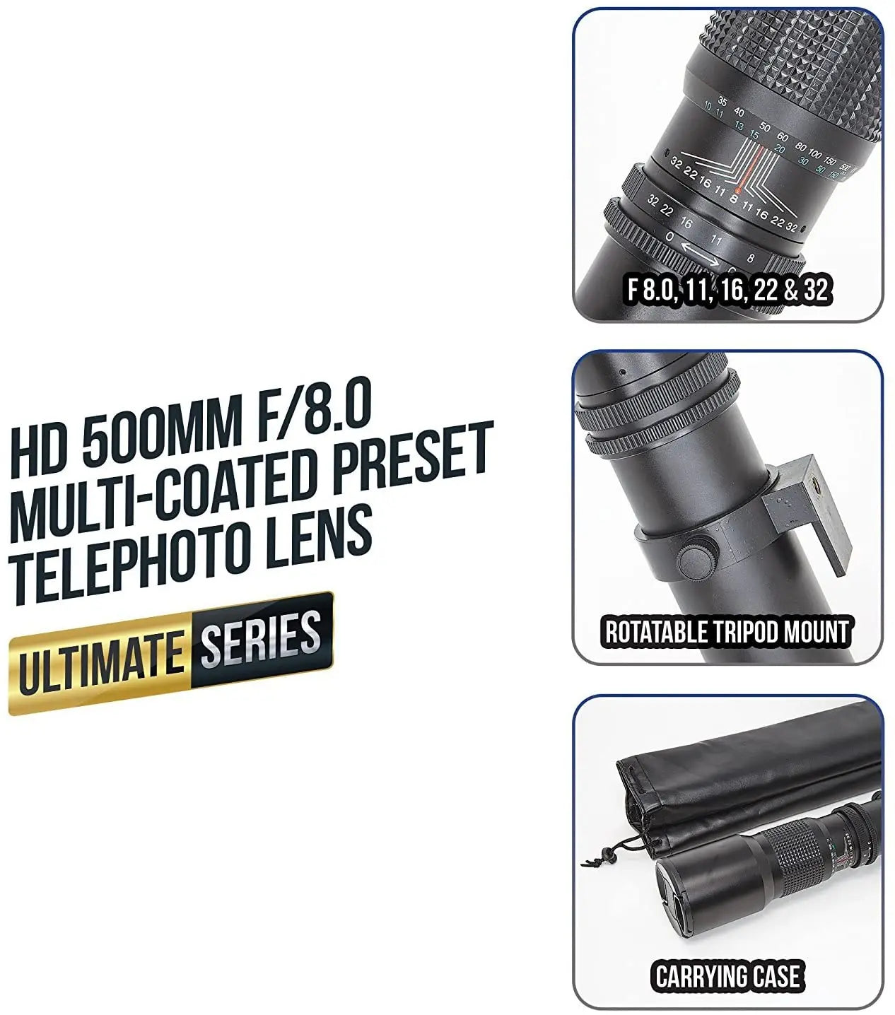 Super 500mm f/8 Manual Telephoto Lens for Canon EOS 90D 80D 70D 77D 6D T7 T6 Ultimaxx