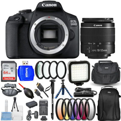 Canon EOS 2000D / Rebel T7 with 18-55mm III Lens 64GB Extra Battery Flash Bundle Canon