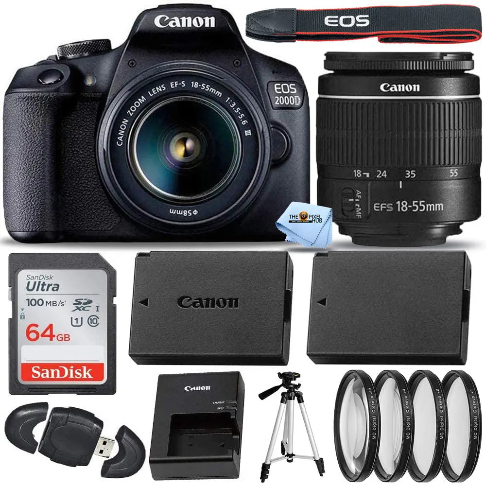 Canon EOS 2000D / Rebel T7 with EF-S 18-55mm III Lens + 64GB + EXT BATT Bundle Canon