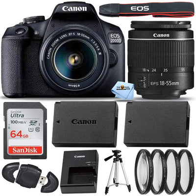 Canon EOS 2000D / Rebel T7 with EF-S 18-55mm III Lens + 64GB + EXT BATT Bundle Canon