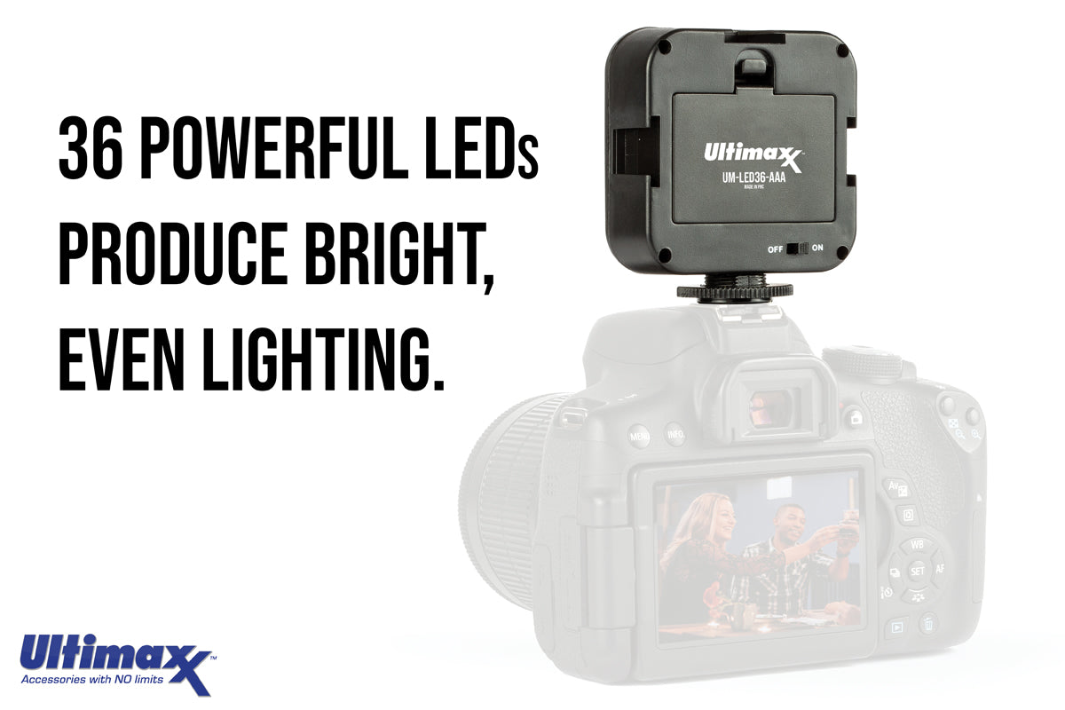 ULTIMAXX Professionelles Universal-LED-Videoleuchten-Set mit 2 Batterien und Halterung