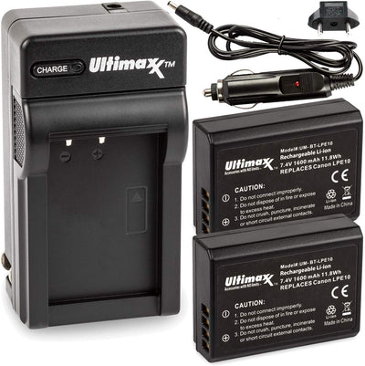 ULTIMAXX Reiseladegerät + 2x Ersatzakku für Canon LPE10 1600mah