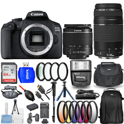 Canon EOS 2000D / Rebel T7 4 Lenses 18-55mm + 75-300mm + 64GB Top Value Bundle Canon