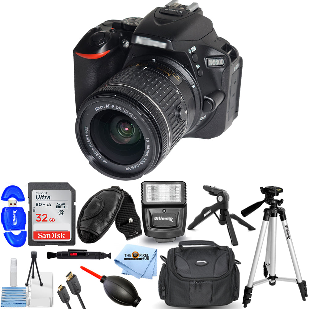 Nikon D5600 DSLR 24,2 MP Kamera mit 18-55 mm Objektiv 1576 + 32 GB + Flash-Paket