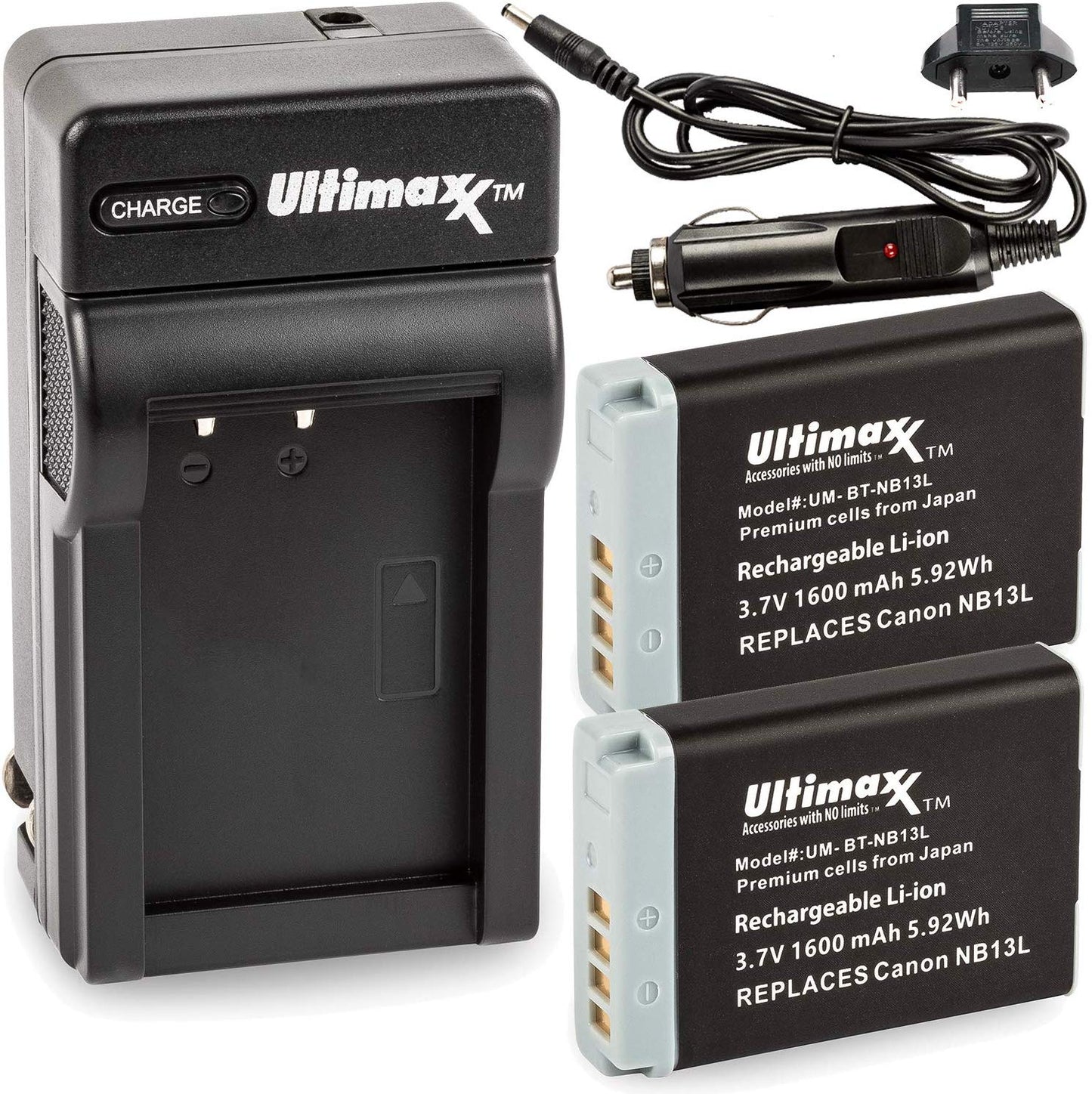 ULTIMAXX Reiseladegerät + Ersatzakku für Canon NB13L - 1600 mAh