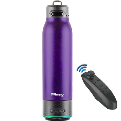 Vakuumisolierte Premium-Wasserflasche von Ultimaxx (Dunkelviolett) mit wiederaufladbarem Bluetooth-Lautsprecher und Xtreme Mini-Bluetooth-Fernbedienung. Die Fernbedienung dient auch als Gaming-Joystick/Maus für Smartphone-Apps.