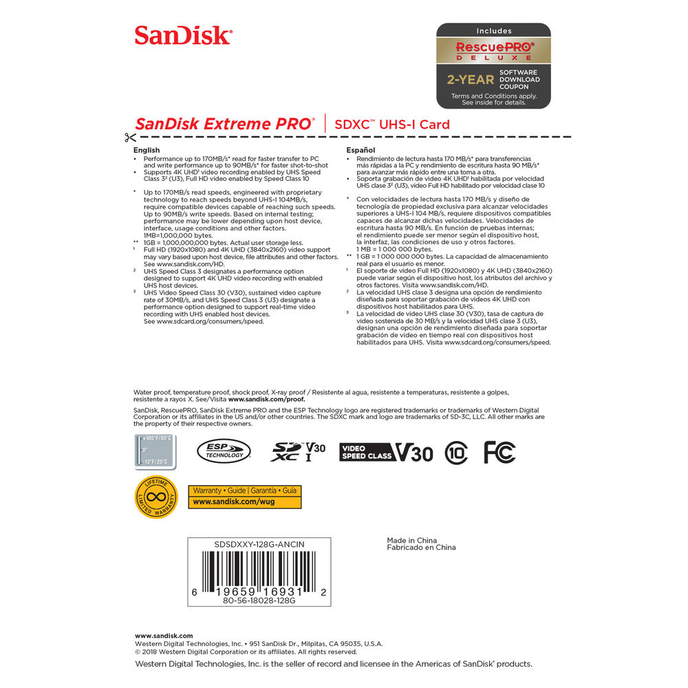SanDisk 128 GB Extreme PRO UHS-I SDXC-Speicherkarte – SDSDXXY-128G-ANCIN