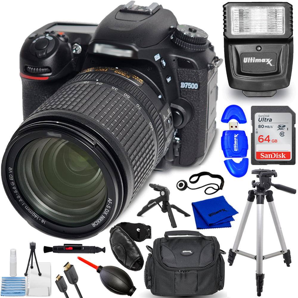 Nikon D7500 DSLR-Kamera mit 18-140-mm-Objektiv + 64 GB + Blitz + Stativpaket