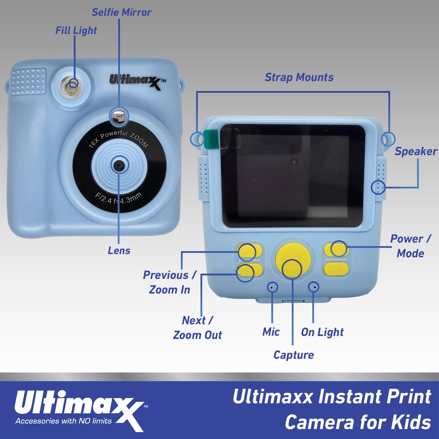 Ultimaxx Instant Print Camera Kids (Blue) 32GB MicroSD w/ 3 Print Rolls GIFT Kit