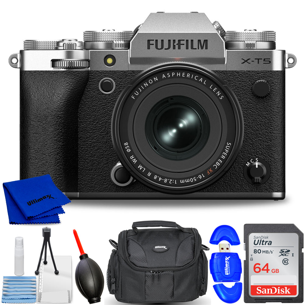 FUJIFILM X-T5 spiegellose Kamera mit XF 16-50 mm f/2.8-4.8 Objektiv (Silber) 7-teiliges Kit