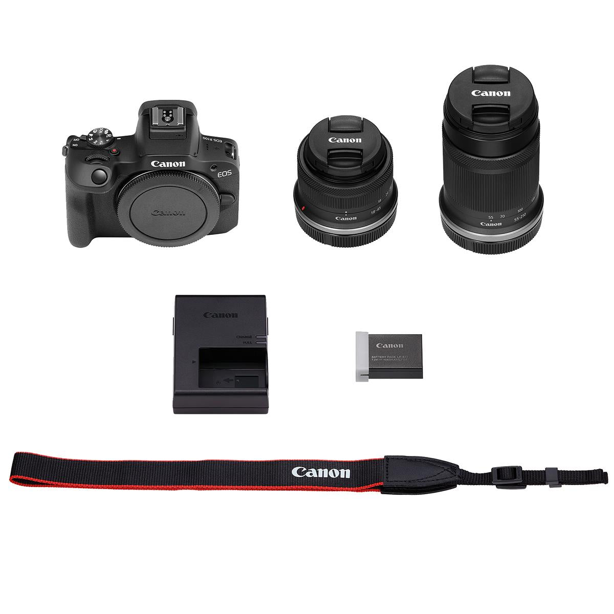 Canon EOS R100 spiegellose Kamera mit 18-45 mm und 55-210 mm Objektiven im Paket