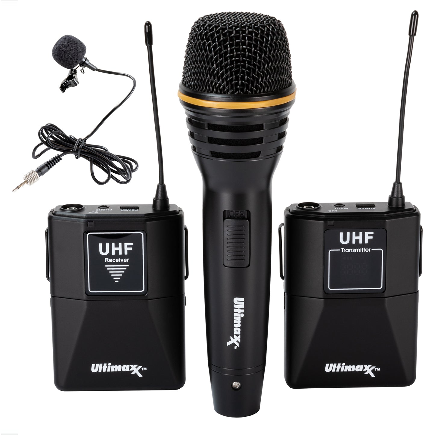 Ultimaxx Wireless Mic Kit mit Lavalier-Mikrofon, Kabeln, Tragetasche und Handmikrofon