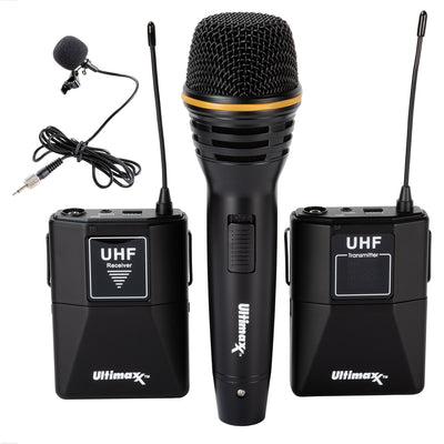 Ultimaxx Wireless Mic Kit mit Lavalier-Mikrofon, Kabeln, Tragetasche und Handmikrofon