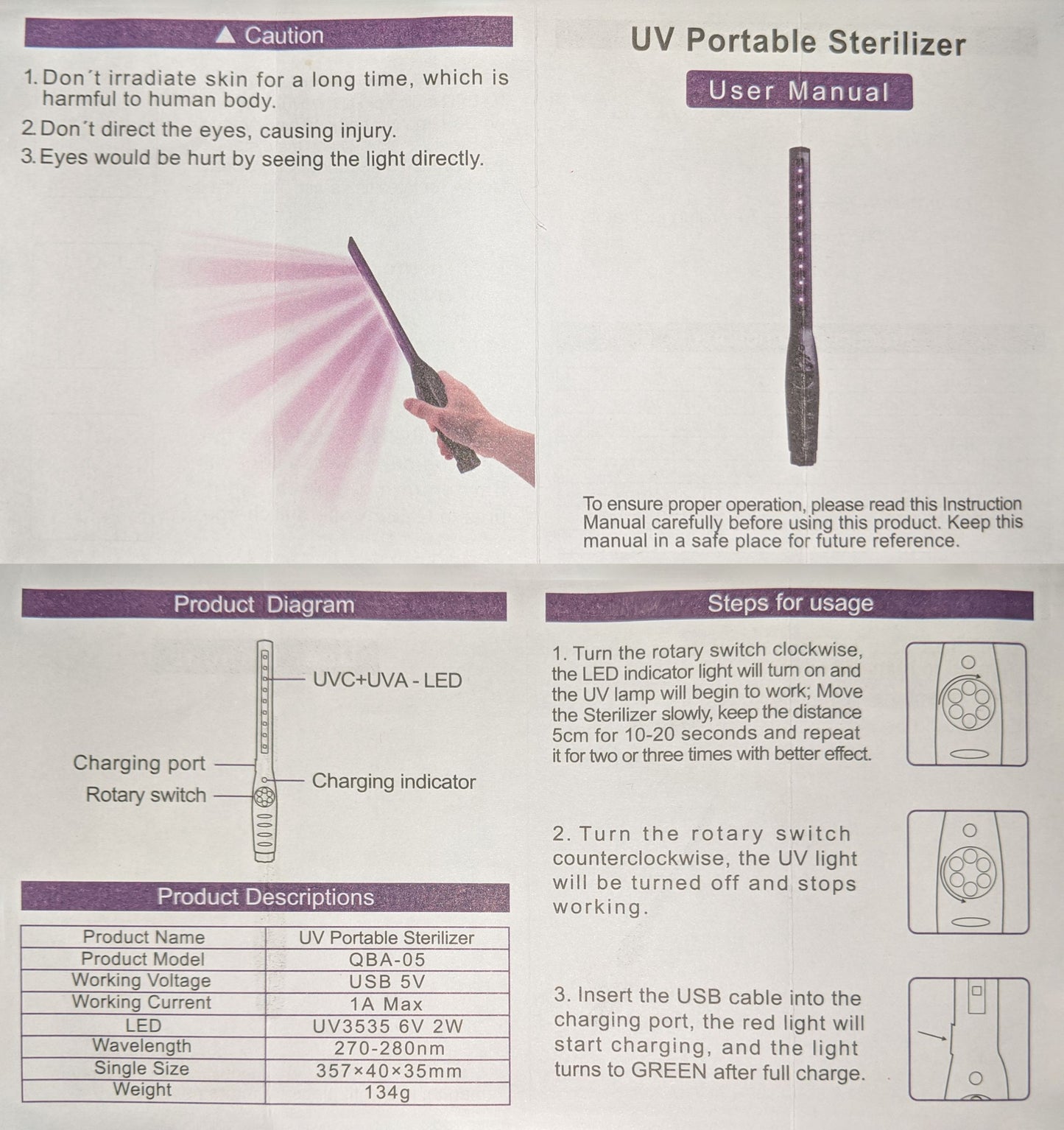 Portable UV UVC Light S*terilizer Disinfection Lamp Ultra-Violet Handheld Wand