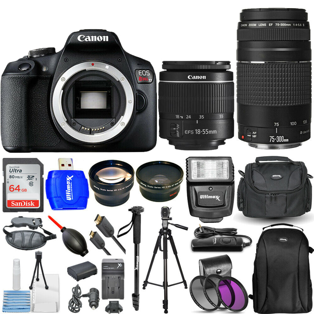 Canon EOS Rebel T7 4 Objektive 18-55 mm + 75-300 mm + 64 GB Top Value Bundle