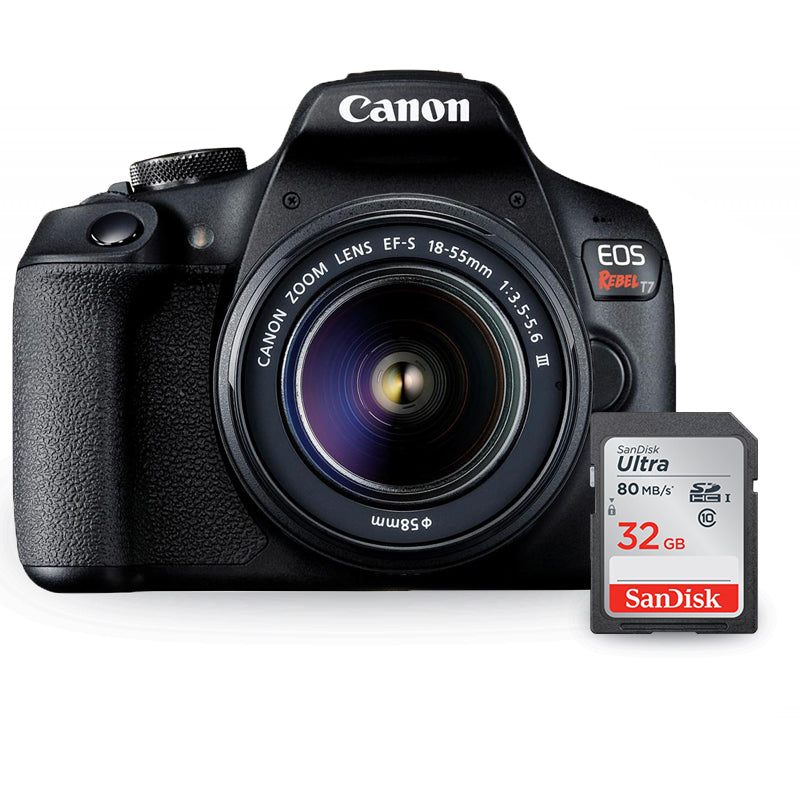 Canon EOS Rebel T7 mit EF-S 18–55 mm f/3,5–5,6-Objektiv + SanDisk Ultra 32 GB SD