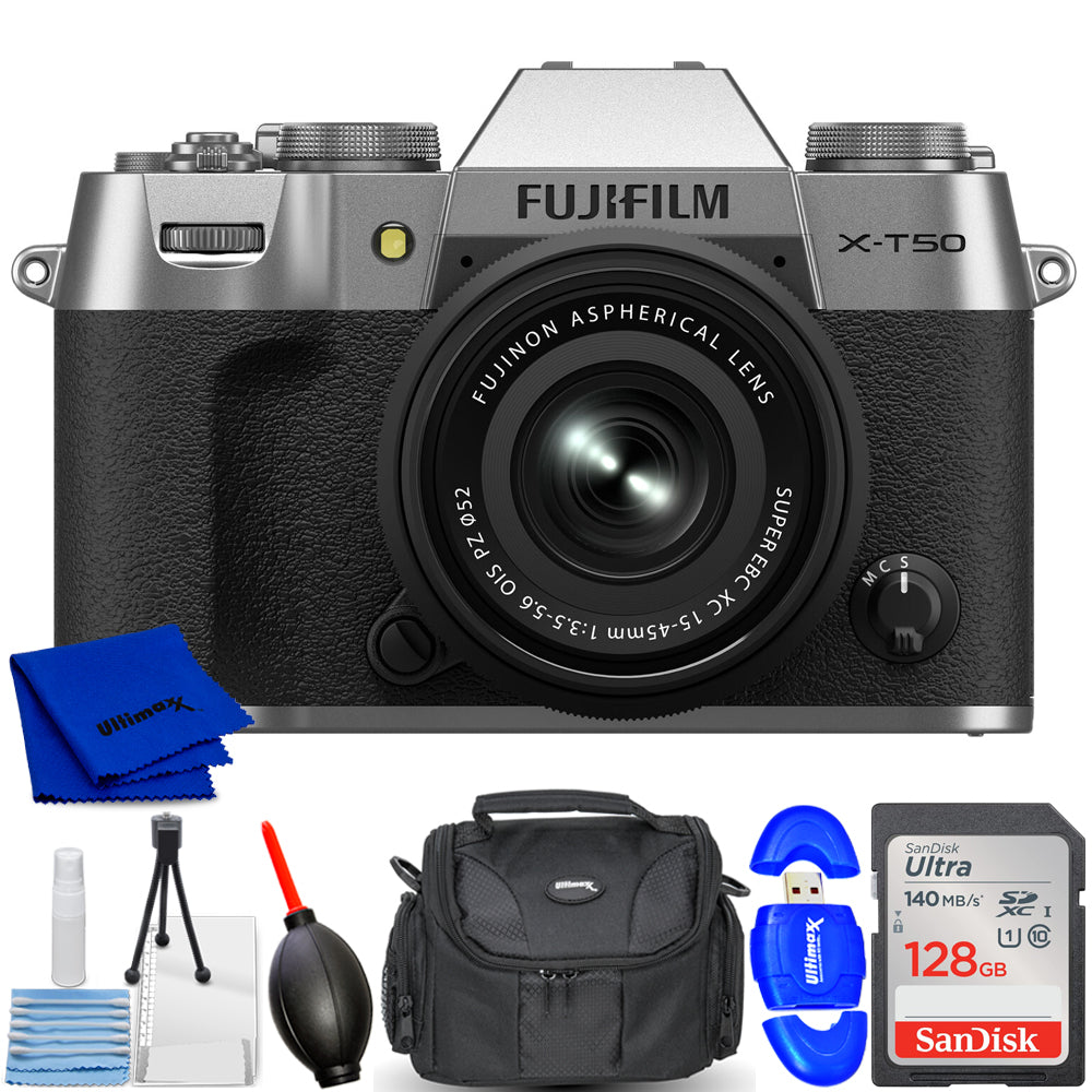 FUJIFILM X-T50 spiegellose Kamera mit XC 15–45 mm f/3,5–5,6 Objektiv (Silber) – Paket