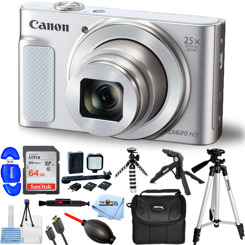 Canon PowerShot SX620 HS Digitalkamera (Silber) + 64 GB + LED-Beleuchtungsset im Paket