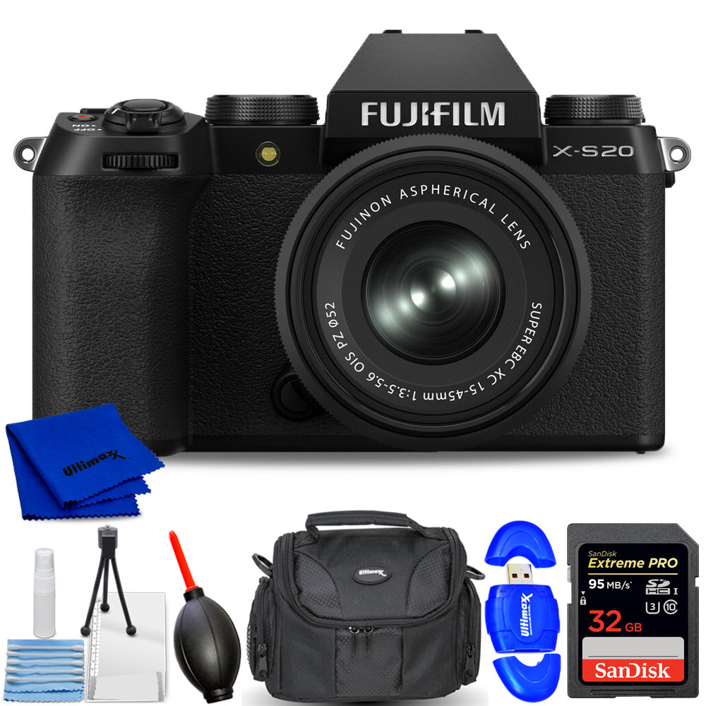 FUJIFILM X-S20 spiegellose Kamera mit 15-45-mm-Objektiv (schwarz) 16781943 – 7-teiliges Set