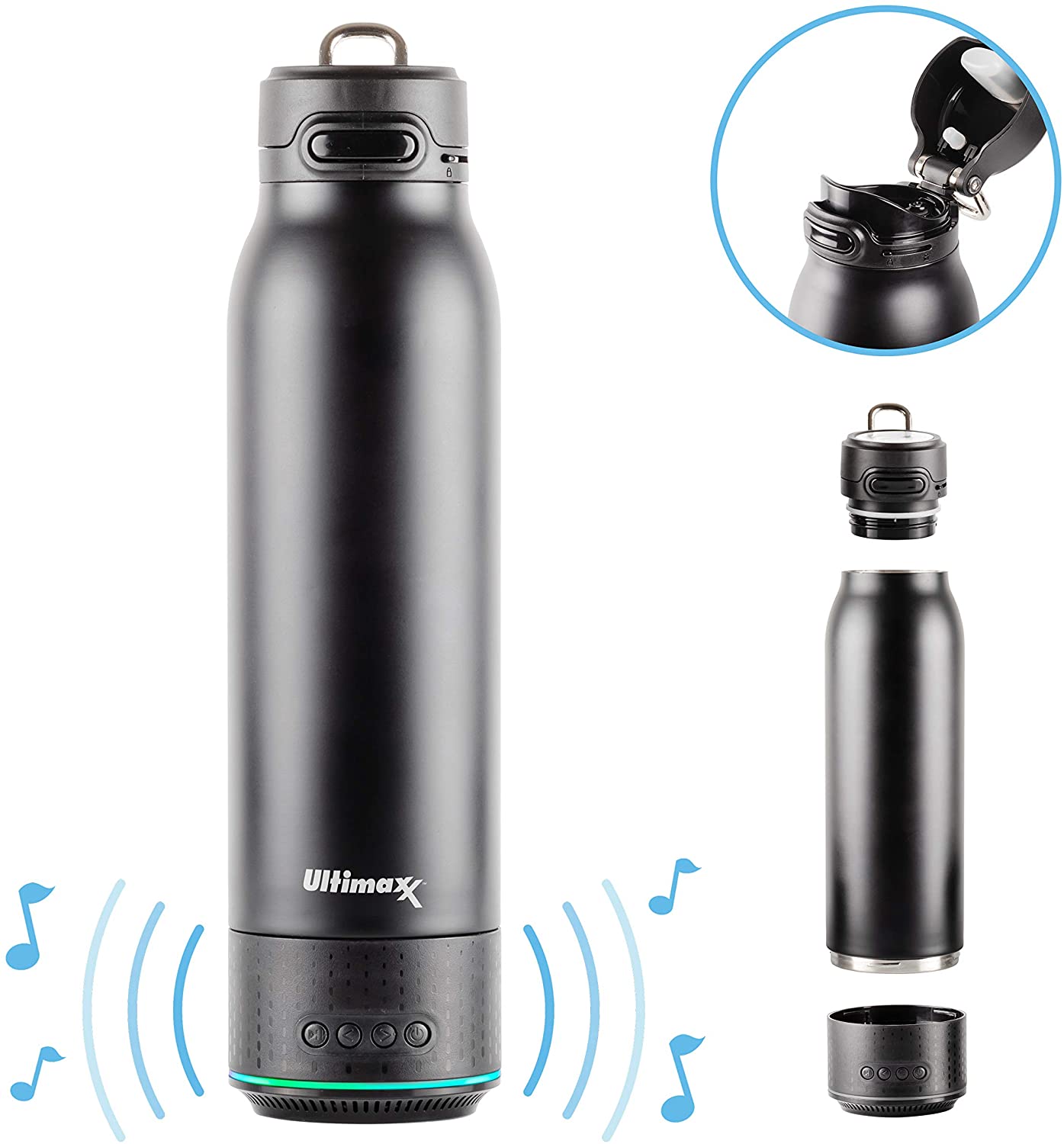 Vakuumisolierte Premium-Wasserflasche von Ultimaxx mit wiederaufladbarem Bluetooth-Lautsprecher – Doppelwandiges Stahldesign + Lichter, praktischer Trinkschnabel, Deckelverriegelung und Tragegriff (700 ml/23,6 oz)