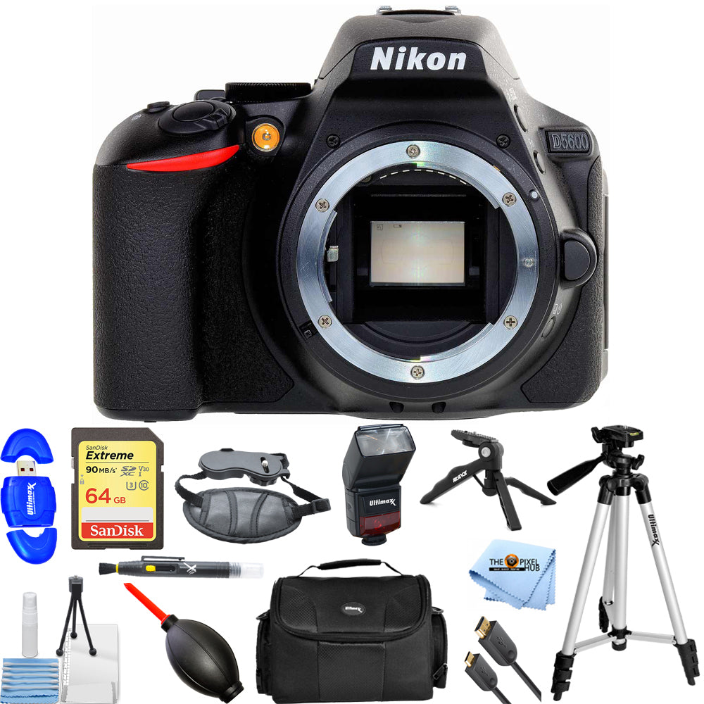 Nikon D5600 24,2 MP DSLR-Kamera (nur Gehäuse) 1575 + 64 GB + Blitzpaket